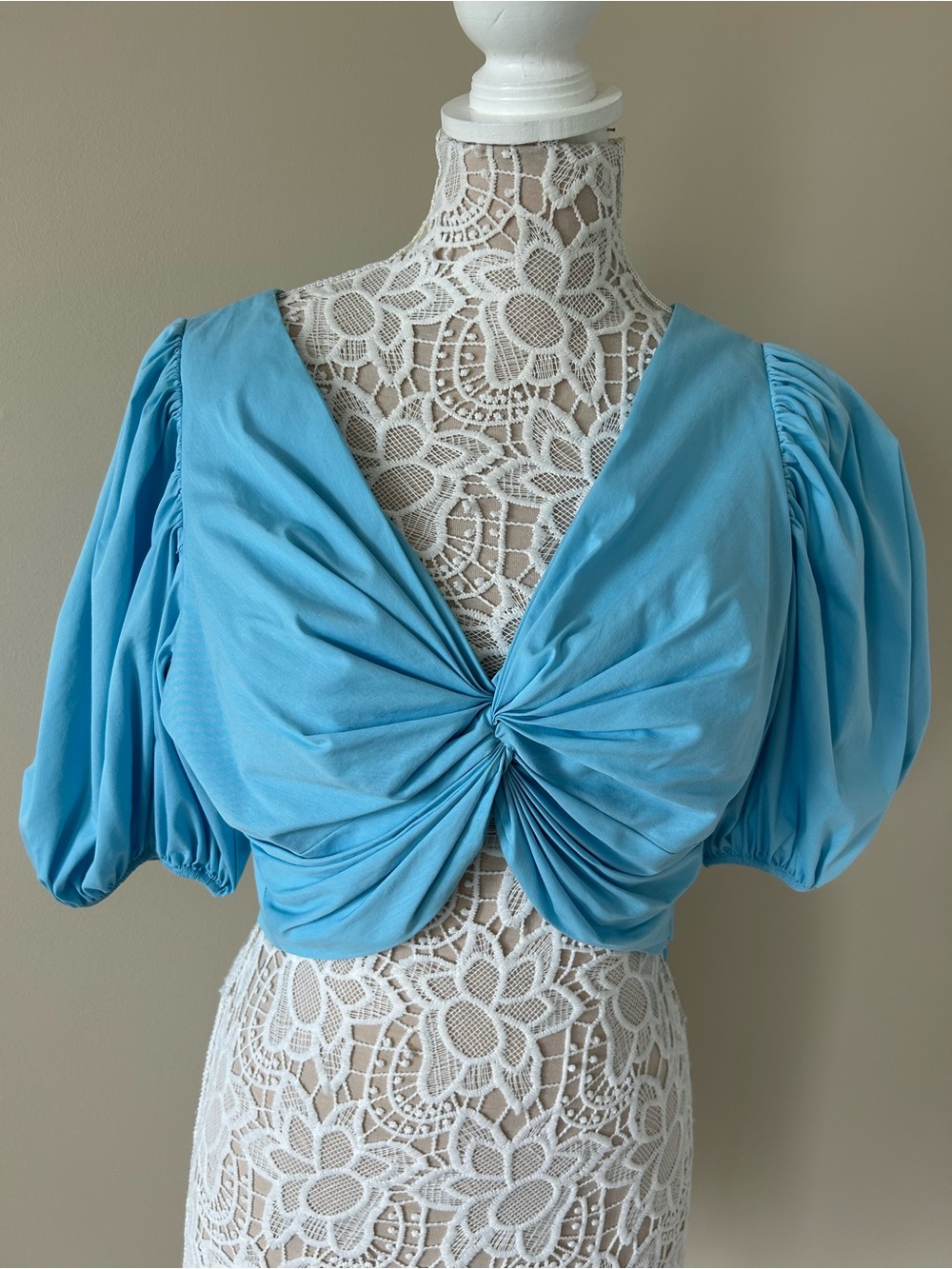 cinq a sept Sky-Blue Twist Knot Puff-Sleeve Crop Top